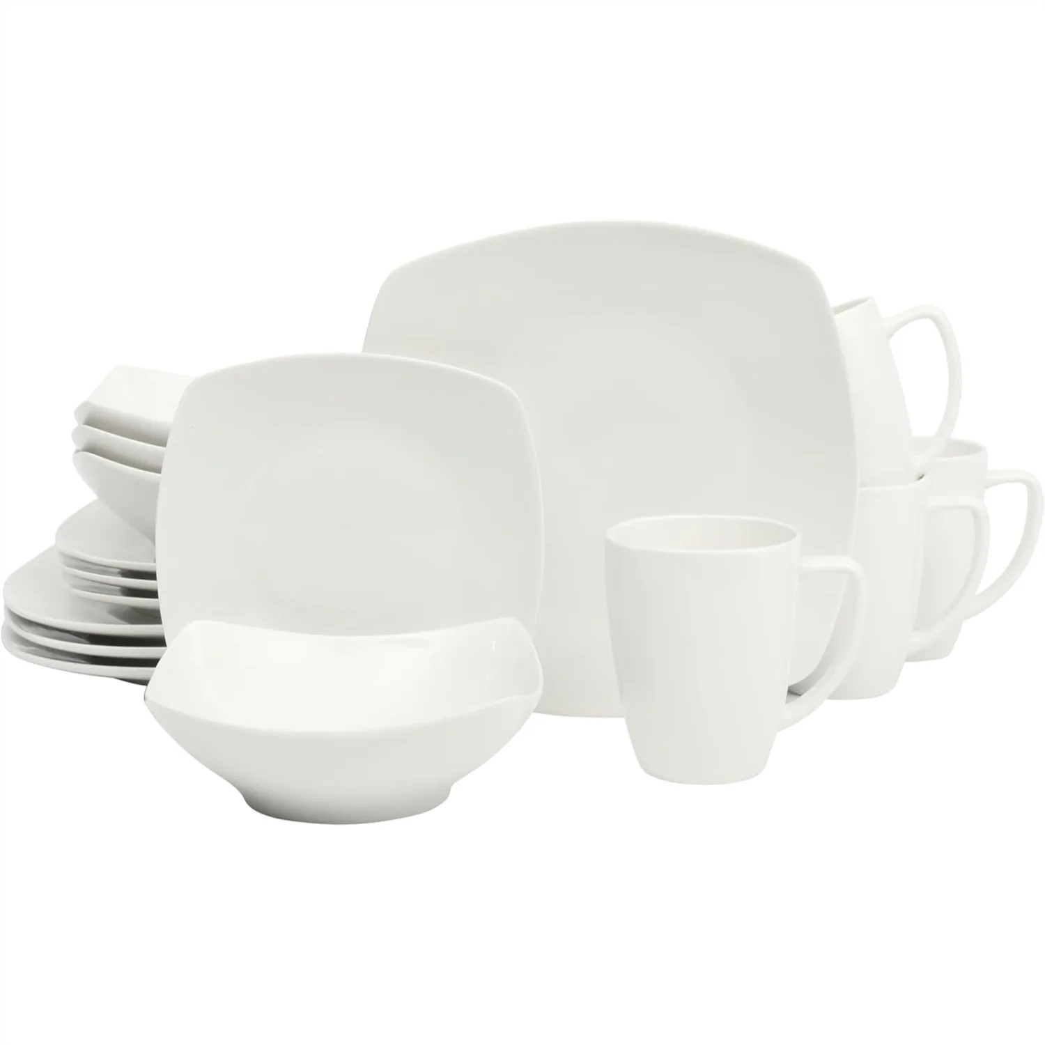 Juego de Vajilla de Porcelana Blanca para 4 Personas, 16 Piezas, Platos Cuadrados, Tazones y Tazas, Resistente a Desportilladuras, Apto para Lavavajillas y Microondas