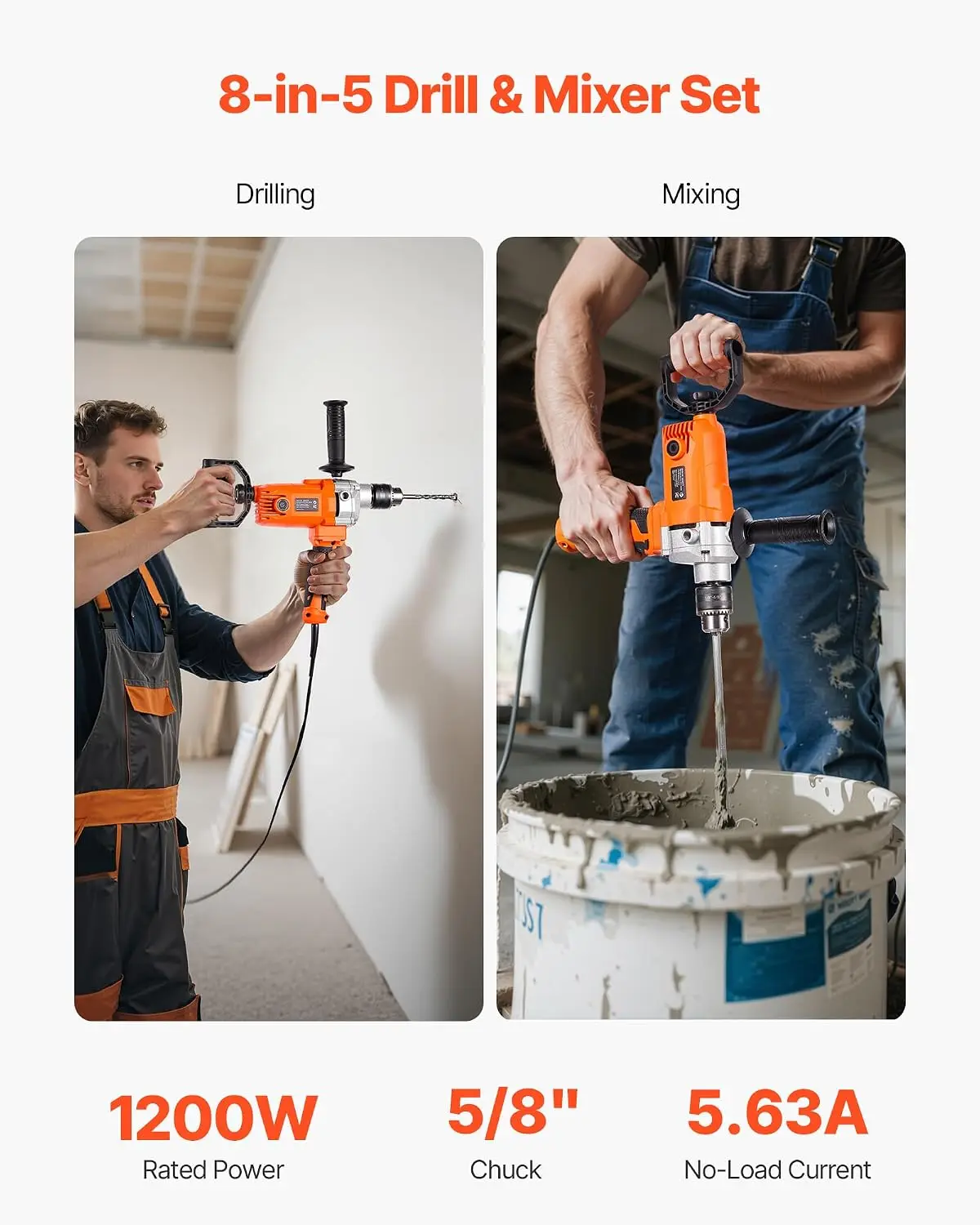 Drill Mixer, 5/8 inch Corded Electric Drill Mixer Set, 0-750RPM 5.63A Mixing Drills, Mixing Drills Machine with D-Handle for Dri