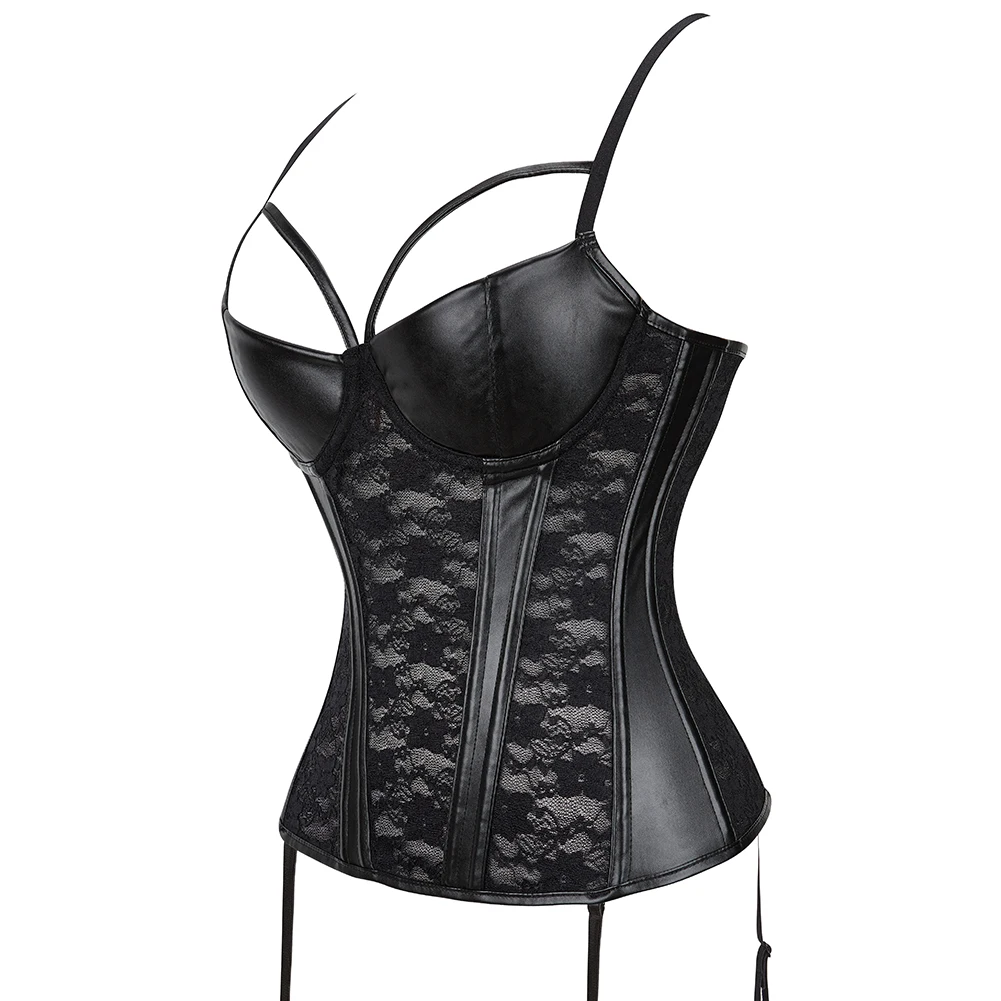 3/4 Padded Cup Women\'s Corset Faux Leather Stitching Lace Boned Corset Adjustable Hook & Eye Bustier Plus Size