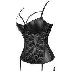 3/4 Padded Cup Women's Corset Faux Leather Stitching Lace Boned Corset Adjustable Hook & Eye Bustier Plus Size