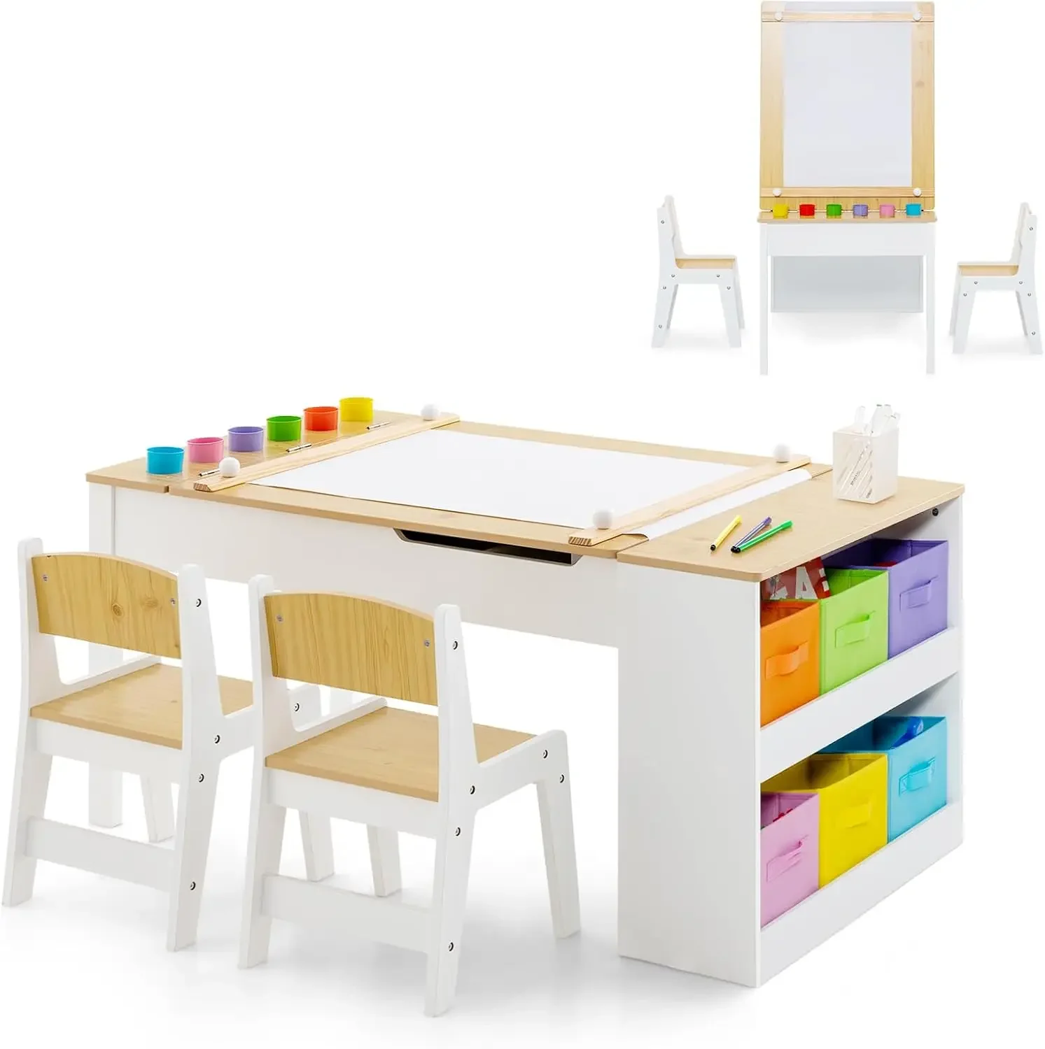 INFANS-Juego de mesa y silla de arte para niños, 3 en 1, escritorio de actividades de madera para juegos artesanales para niños pequeños con 2 sillas, contenedores de lona de almacenamiento, rollo de papel