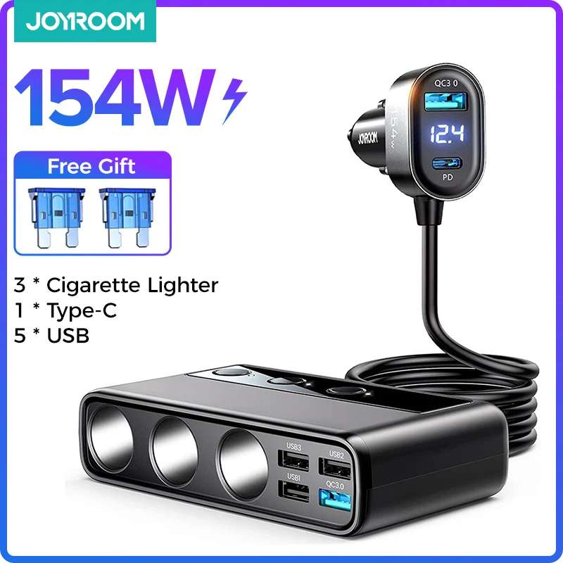 

Joyroom 154W 9 in 1 Car Charger Adapter PD 3 Socket Cigarette Lighter Splitter Charge Independent Switches DC Cigarette Outlet