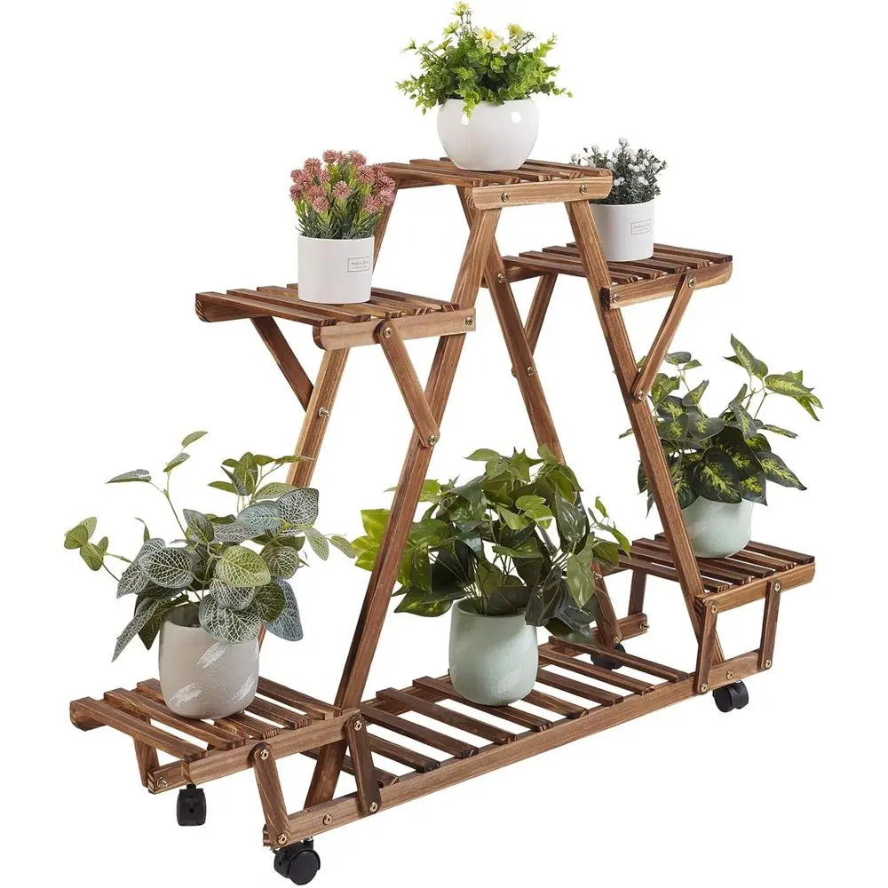 

Triangular 6-Tier Wooden Plant Stand with Carbonized Finish and Rolling Wheels for Home or Garden