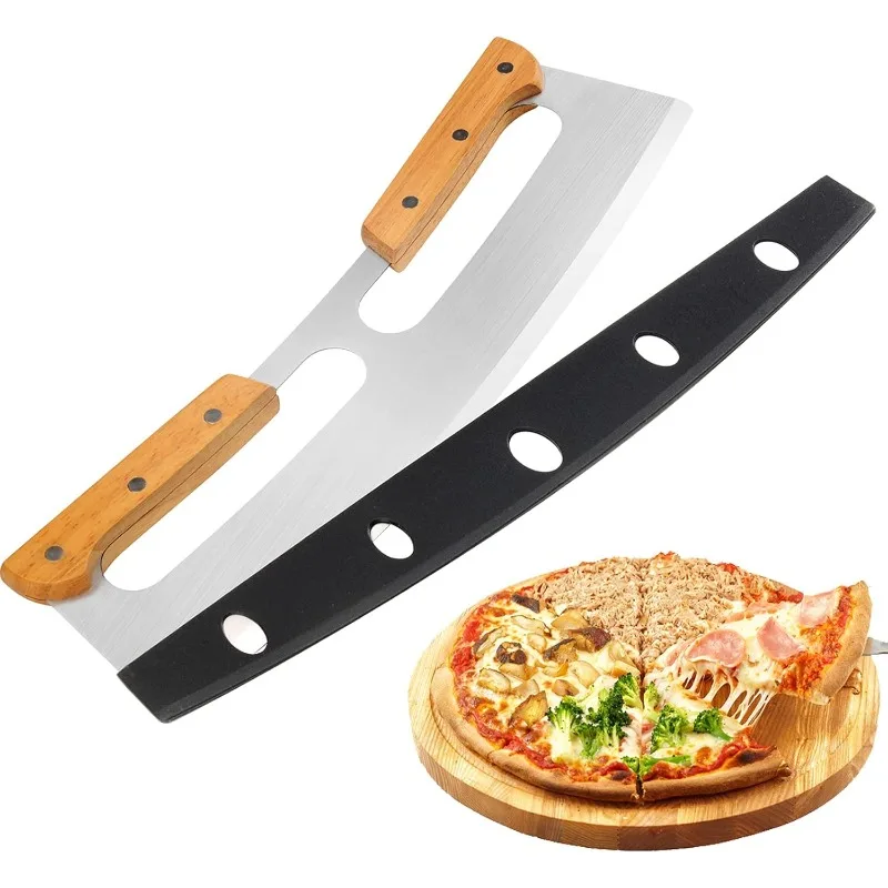 

Pizza Cutter Rocker,Stainless Steel Blade Knife With Double Wooden Handle&Plastic Cover, Big Pizza Slicer/Chopper,Kitchen Tool