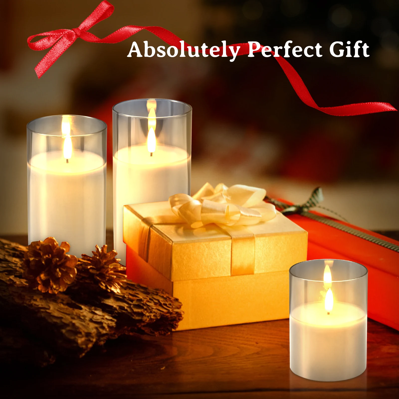 

LED Flame Waving Candle Set of 3, Glass Battery Candles with Remote Control and Timer, Diameter 7.6 cm Grey