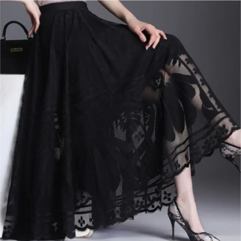 

2023 Lace Skirt Women's New A-word Long Skirt Big Swing Gauze Hollow Pleated Skirt