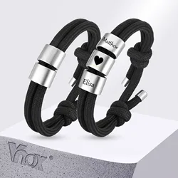 Vnox Personalized Black Mens Bracelets, Custom Slide Name Beads Bracelet, Adjustable Rope Chain Bracelet Gift for Him