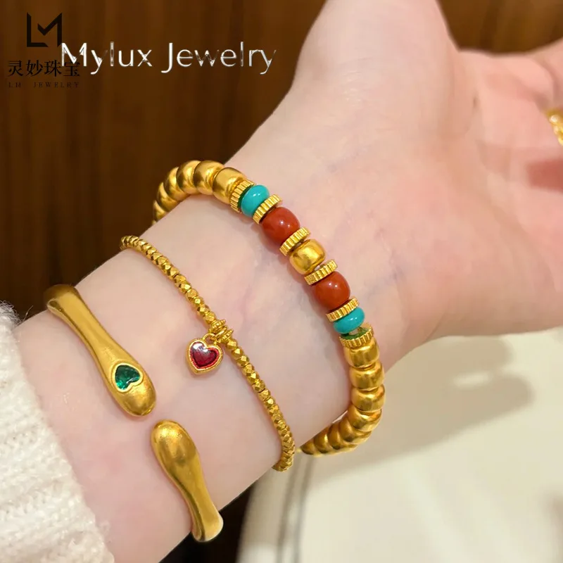 Mylux Jewelry 9999 ancient method engraved old beads Nan red bracelet 24K real gold fortune beads year bracelet retro gift for g