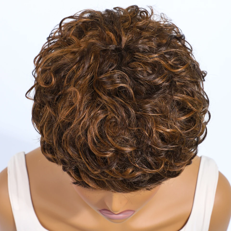 Rebecca Mixed Brown Short Pixie Cut Curly 100% Human Hair Wig For Women Brazilian Remy Hair Colored Side Part Full Machine Wigs
