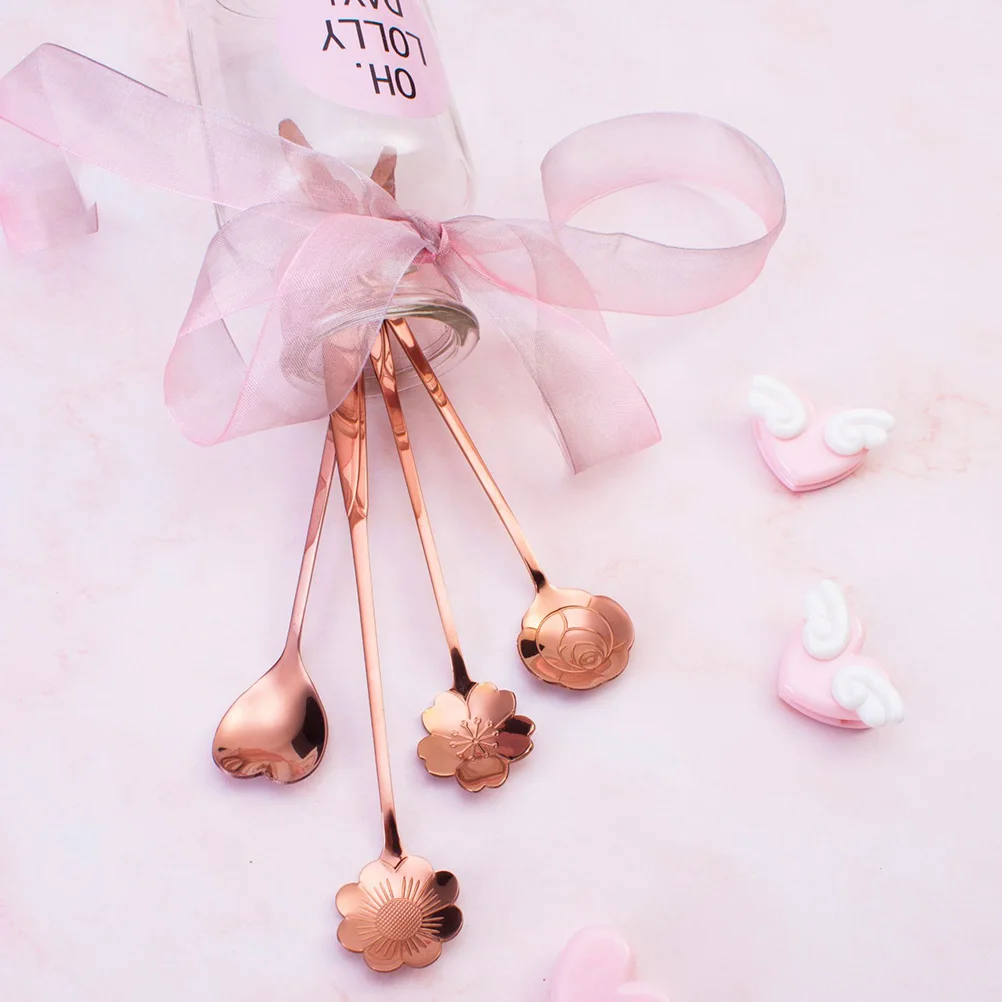 

3 pcs Rose Gold Ice Spoon Long Handle Stainless Steel Mixing Spoon for Coffee Tea Dessert Petal Shaped Reusable