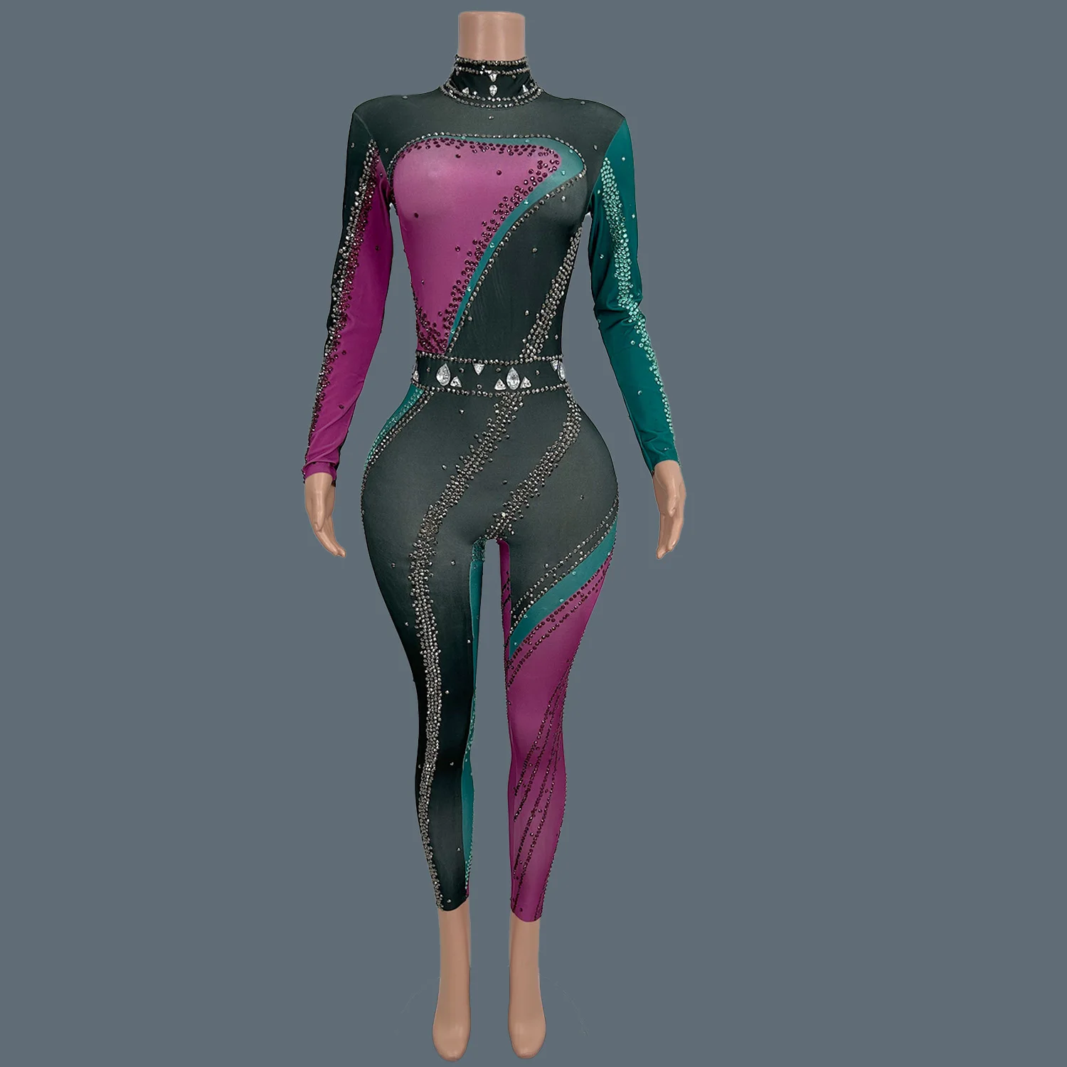 

Nightclub Party Stage Performance Wear Rhinestone Spandex Elastic Tight Fitting Jumpsuit Festival Carnival Dance Outfit Zhuangse