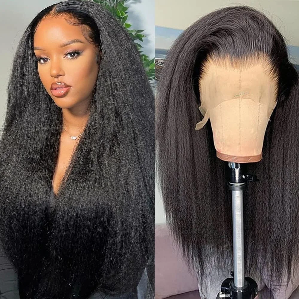 

Kinky Straight Lace Front Human Hair Wigs Natural Color Transparent 13×4 Pre Plucked 220 Density Lace Frontal Wig For Women1B
