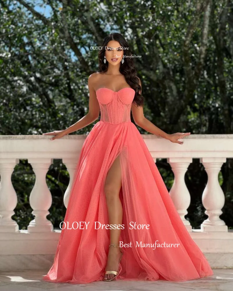 

OLOEY Sexy Sweetheart Blush Pink Tulle Evening Dresses Dubai Arabic Women Wedding Party Split Prom Gowns US Formal Occasion