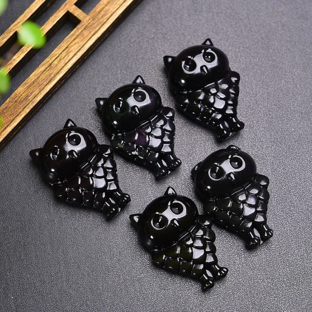 3PCS 35mm Natural Black Obsidian Owl Carving Crystal Reiki Healing Jewelry Pendant Cute Rock Decoration for Gift
