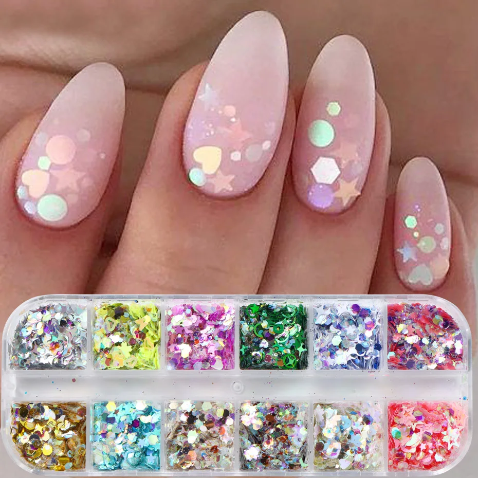 12 Grids Nail Art Glitter Sequins Mixed hexagon Heart Star Reflective Colorful Holographic Flakes Shiny Manicure Accessories