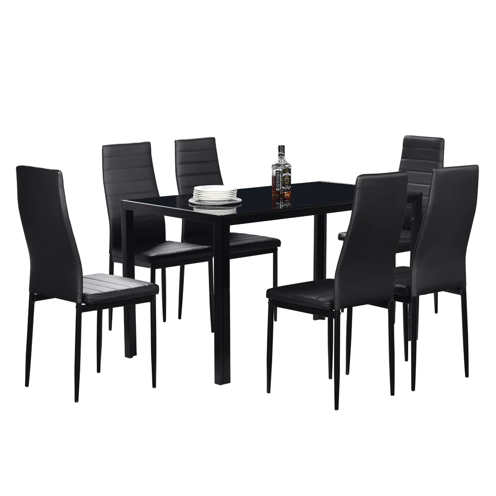 Dining Table Chairs Set for 6 People 1 Glass Table + 6pcs Elegant Stripping Texture High Backrest Dining Chairs Black[US-Stock]