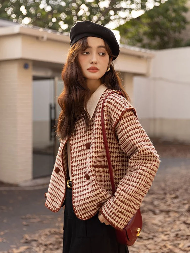 Zoki Vintage Plaid Tweed Jacket Women French Elegant O Neck Coat Casual All Match Streetwear Retro Female Long Sleeve Outwear