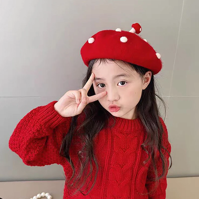 Cute Red White Mushrooms Design Girls Ladies Painter Hat Autumn Winter Parent-child Payment Bud Warm Wool Knitted Beret Caps