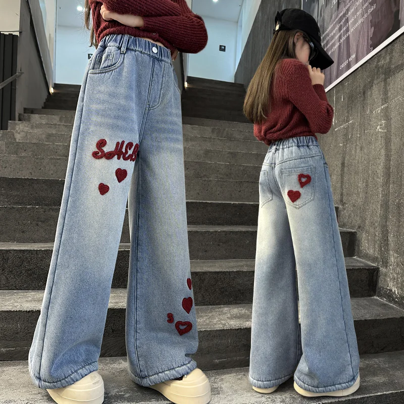 Kids Winter Insulated Jeans with Embroidery Heart For Girls Loose Straight Fit Cashmere Lined Denim Pants Child Warm Trousers