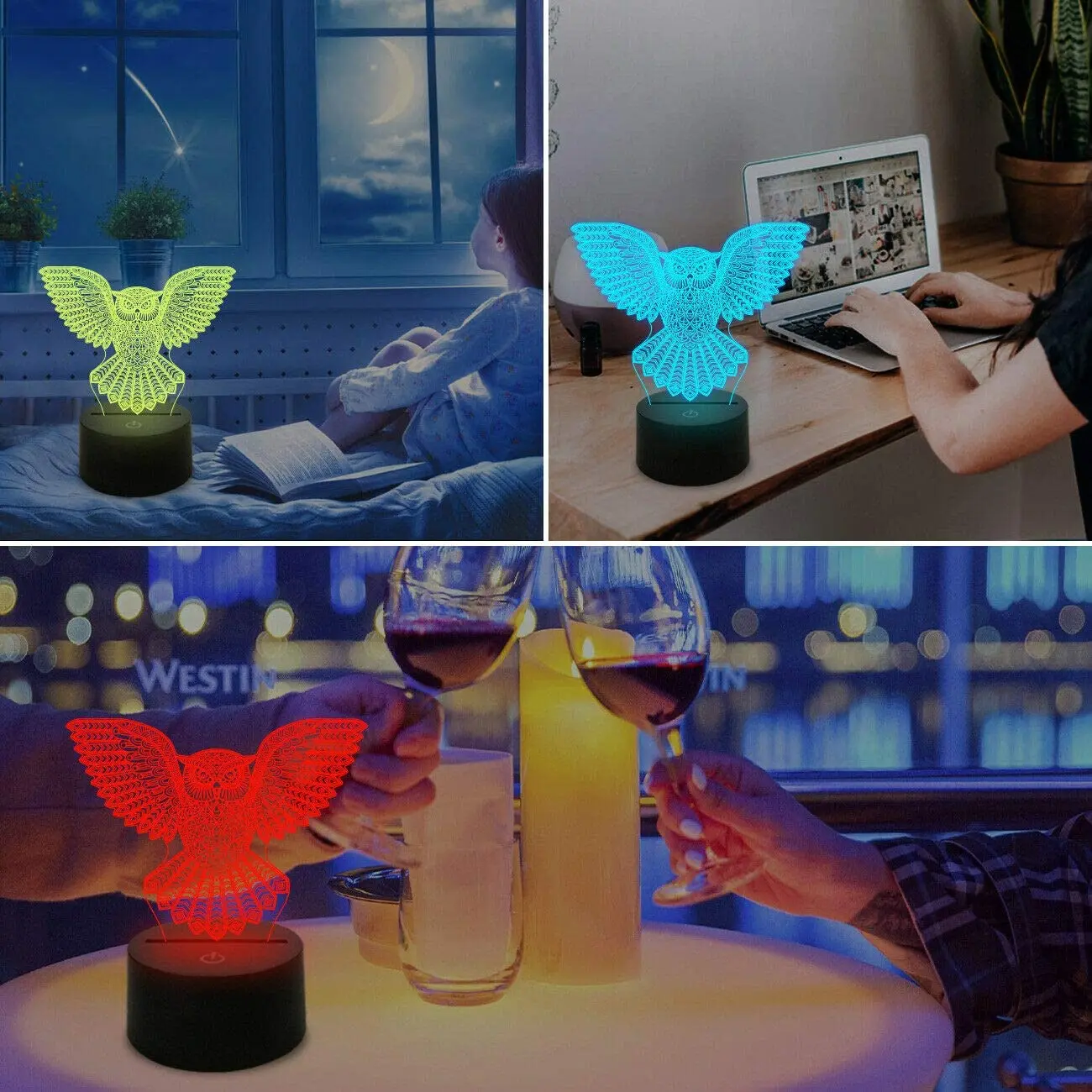 Luz de noche de búho 3D Led Interruptor táctil decoración mesa escritorio lámparas de ilusión óptica 7 colores cambiantes luces Navidad cumpleaños