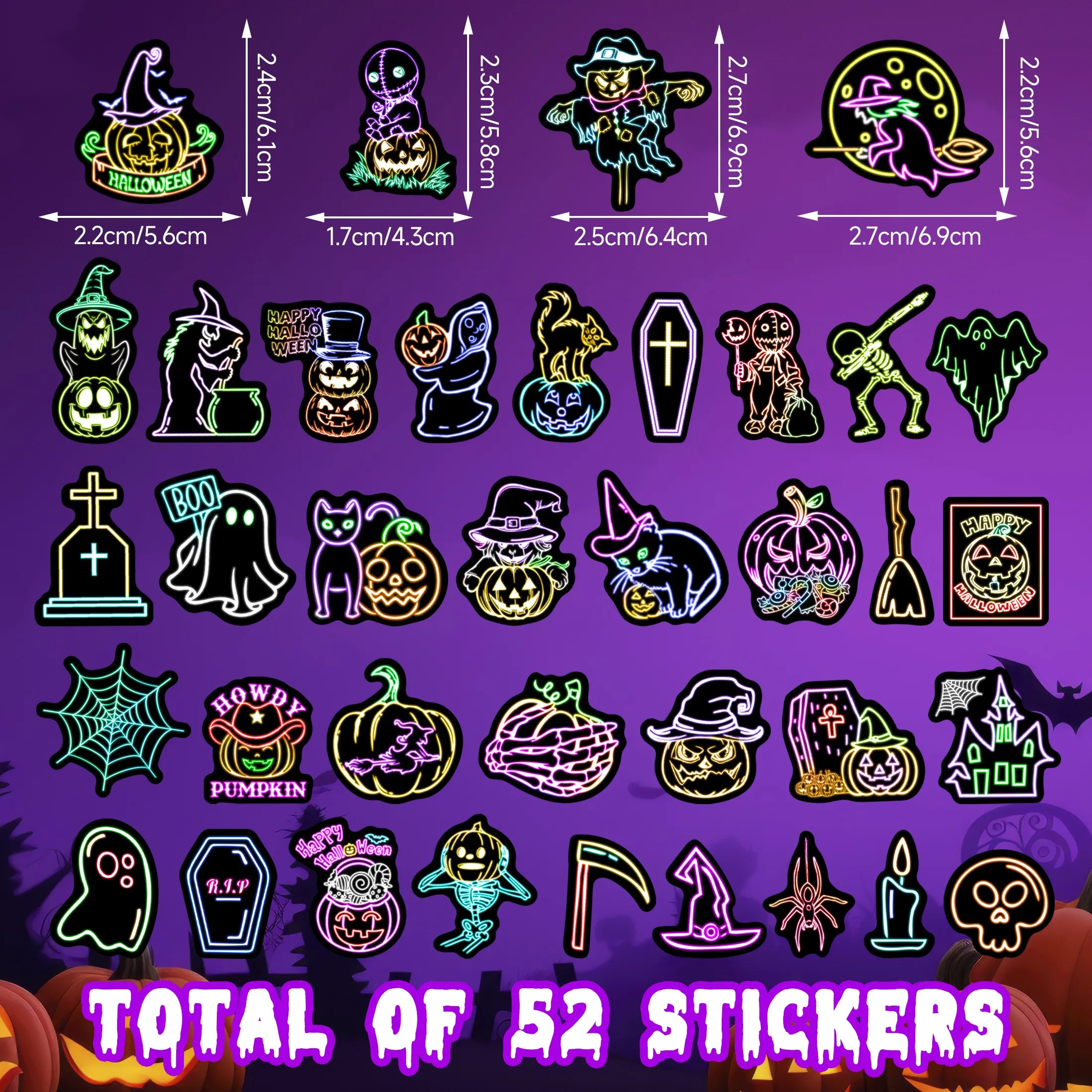 52 قطعة من ملصقات النيون للهالوين المتوهجة في الظلام، شارات كمبيوتر محمول من الفينيل المقاوم للماء للمراهقين والبنات والأولاد والطلاب في الفصول الدراسية #2