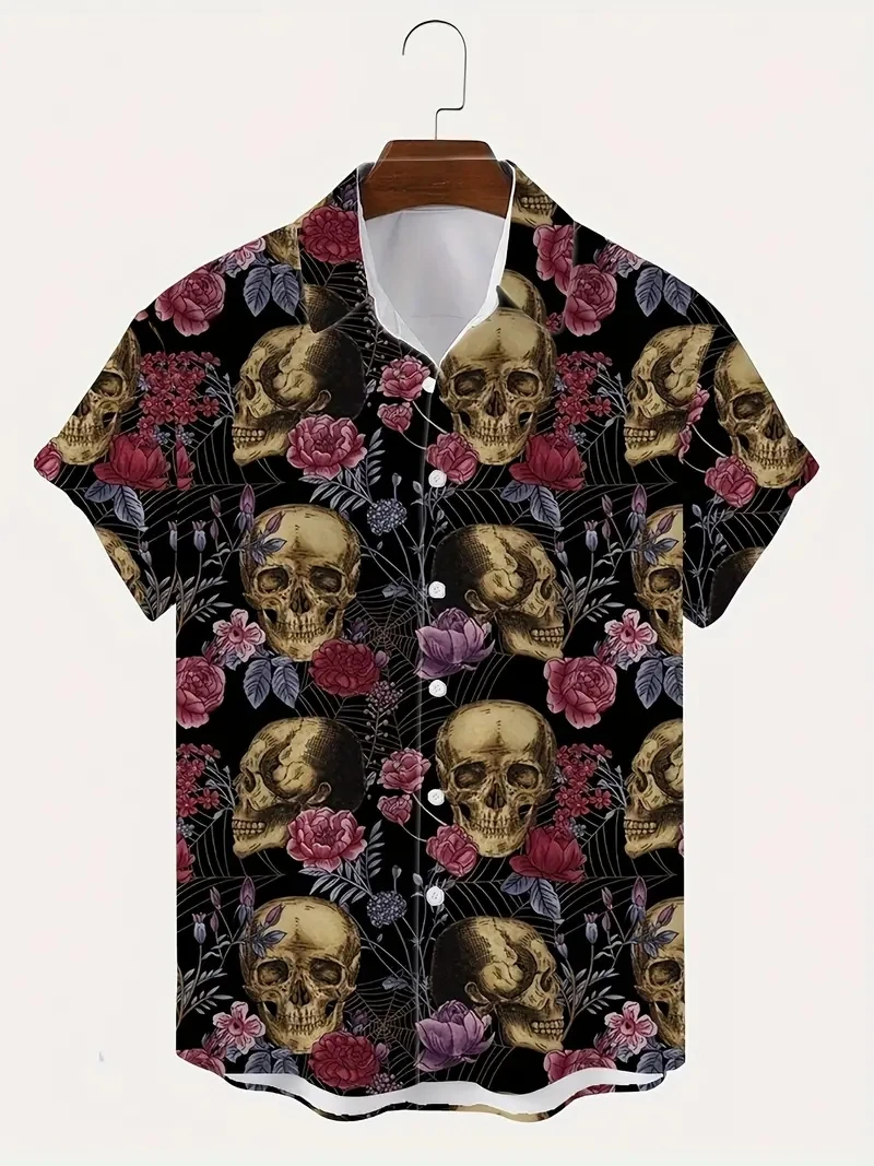 New Black Hawaiian Men Shirt Skull Summer Casual Short Sleeve Y2k High Quality Oversized Streetwear Vintage Tops Ropa De Hombre