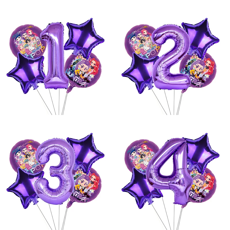 5PCS Move K-Pop Demon Digital Star Balloon Combination Cute Purple Girls Birthday Party Decoration Balloons Fashion Cartoon Gift