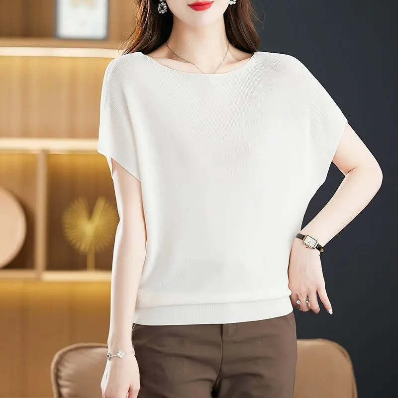 Women Korean Simple Casual Elegant Ice Silk Knitted T-shirts Summer Female Fashion Short Sleeve Solid Loose Pullover Basic Tops