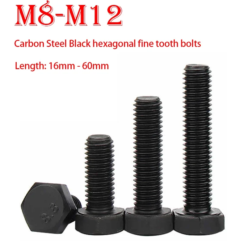 M8 M10 M12 External Hexagon Screw Pitch Fine Thread 1mm 1.25mm 1.5mm Black Carbon Steel Hexagonal Long Screws Bolt