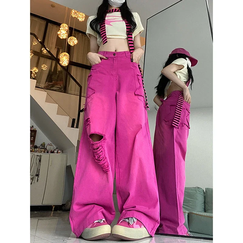 Calça jeans folgada de cintura alta feminina com buracos, streetwear vintage, calça de perna larga, jeans reto, rosa vermelha, design de moda