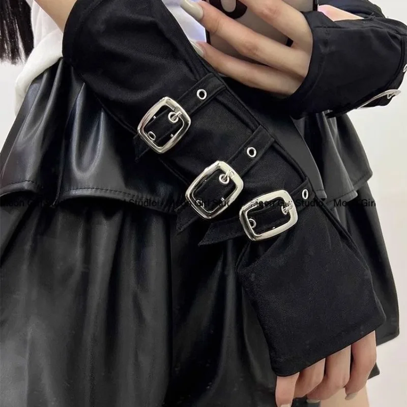 Guanti senza dita da donna stile punk con fibbia personalizzata Y2K Maniche da ballo di strada per performance sul palco stile hip hop Luo