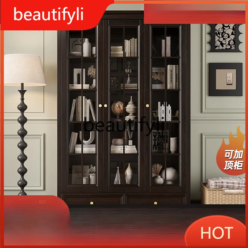 

American solid wood glass door bookcase retro ash wood floor bookshelf cabinet storage display cabinet D80