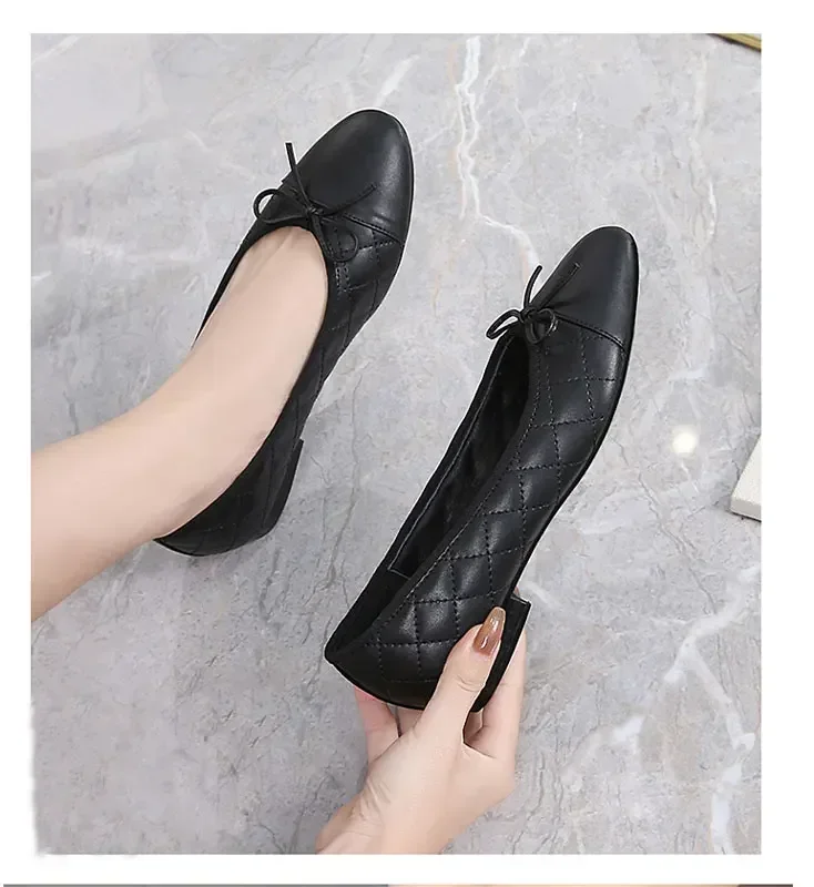 

Women's Shoes Elegant and Luxurious Genuine Leather Flat Ballet Shoes New Sheepskin Low Heel Shoes Bow Decorated Low Heels 34-42