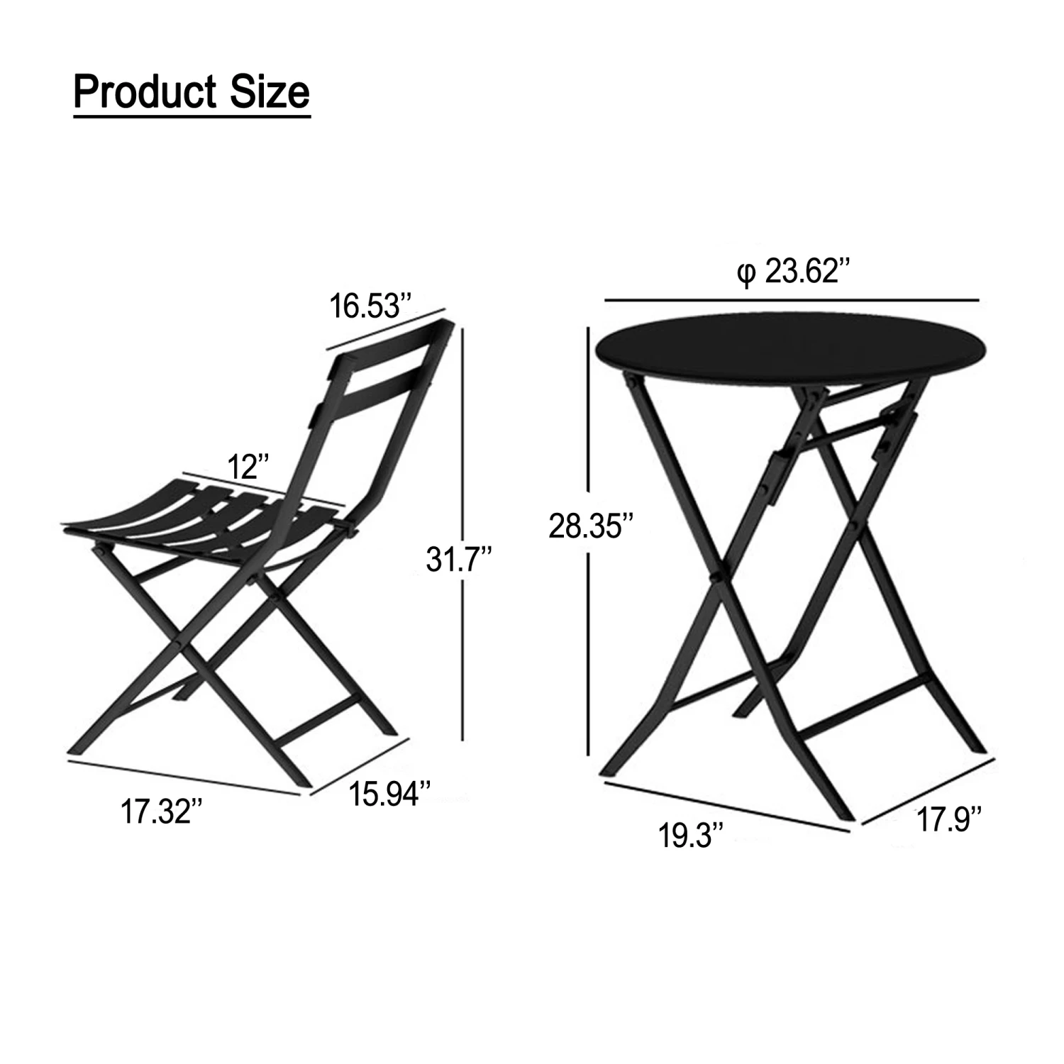 3 Piece Patio Bistro Set of Foldable Round Table and Chairs, Dark Green