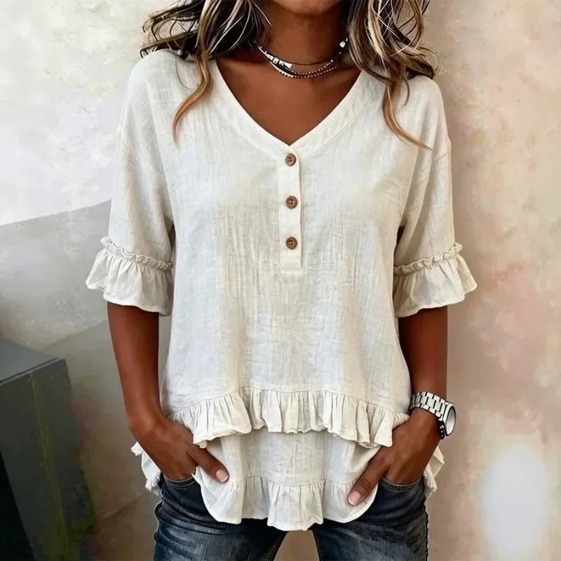 

2026 New Womens Retro V Neck Flounce Ruffle Hem Loose Linen Cotton Short Sleeve Blouse Casual Button T Shirt Streetwear