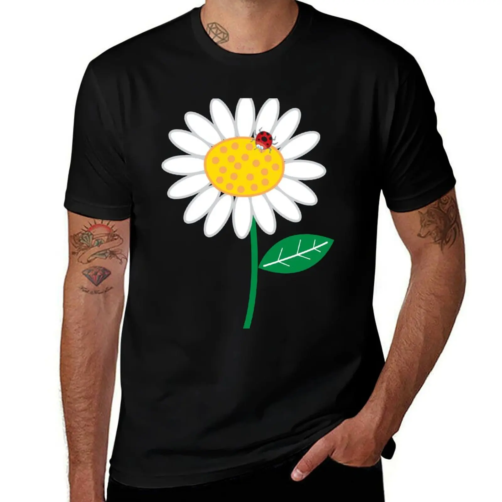 

Whimsical Summer White Daisies and Red Ladybugs  fatfatin T-Shirt cotton t shirt man t shirts designer T-Shirt