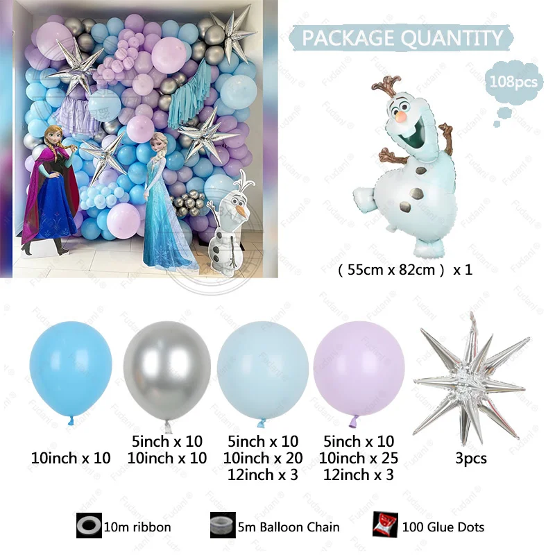 108pcs Frozen Princess Theme Balloon Arch Decoration Blue Purple Latex Balloon for Girl Baby Shower Birthday Party Decor Suppies