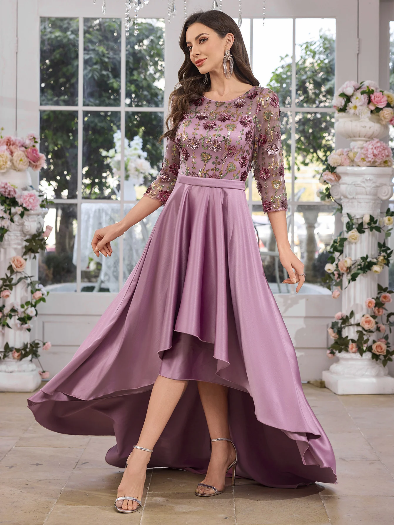 UNITHORSE Sequin Splice Satin Dress with Chest Embroidery for Women Evening Ball Gown Elegant Floor-Length Formal Skirt