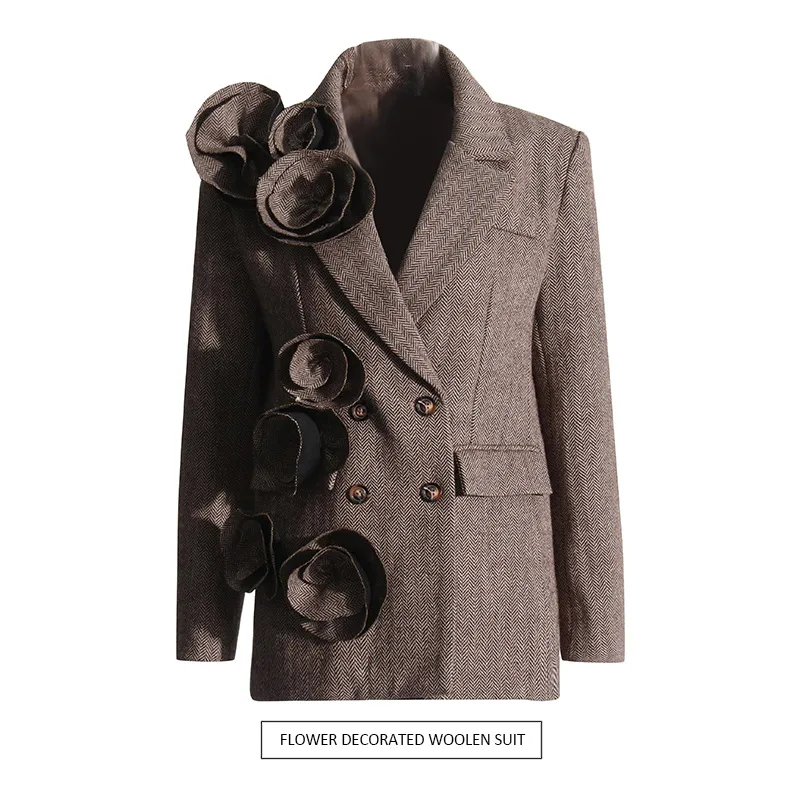 

Темпераментный двубортный пиджак в стиле ретро, лето 2021, новый шерстяной женский костюм ручной работы с объемным цветочным дизайном
