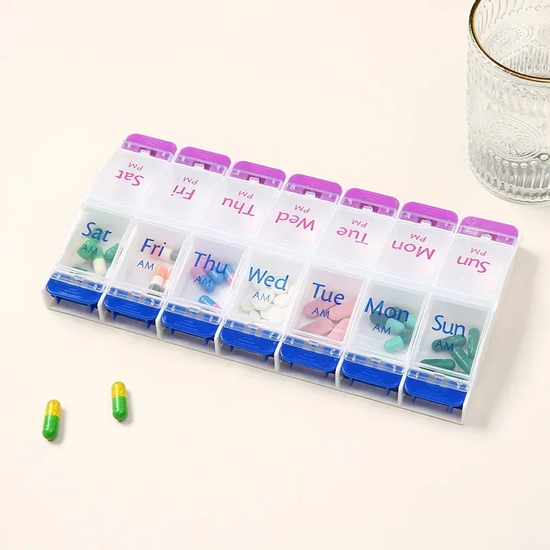 Push Button (7-Day) Pill Box Medicine Case Vitamin Organizer Weekly 2 Times a Day AM/PM Large Compartments Arthritis Friendly