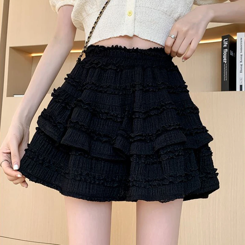 Gidyq Sweet Cute Lace Mini Skirt Women Kawaii White Ruffles Pleated Skirts Summer Korean High Waist Black Casual A Line Skirt