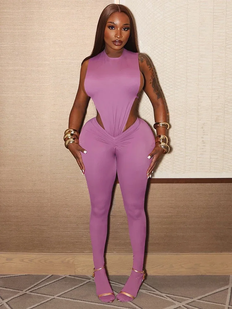 Female Sexy Style 2 Piece Set Solid o-Neck Full Sleeve Bodysuit+Skinny Peach Hip Long Pants Midnight Club Coquette Outfits
