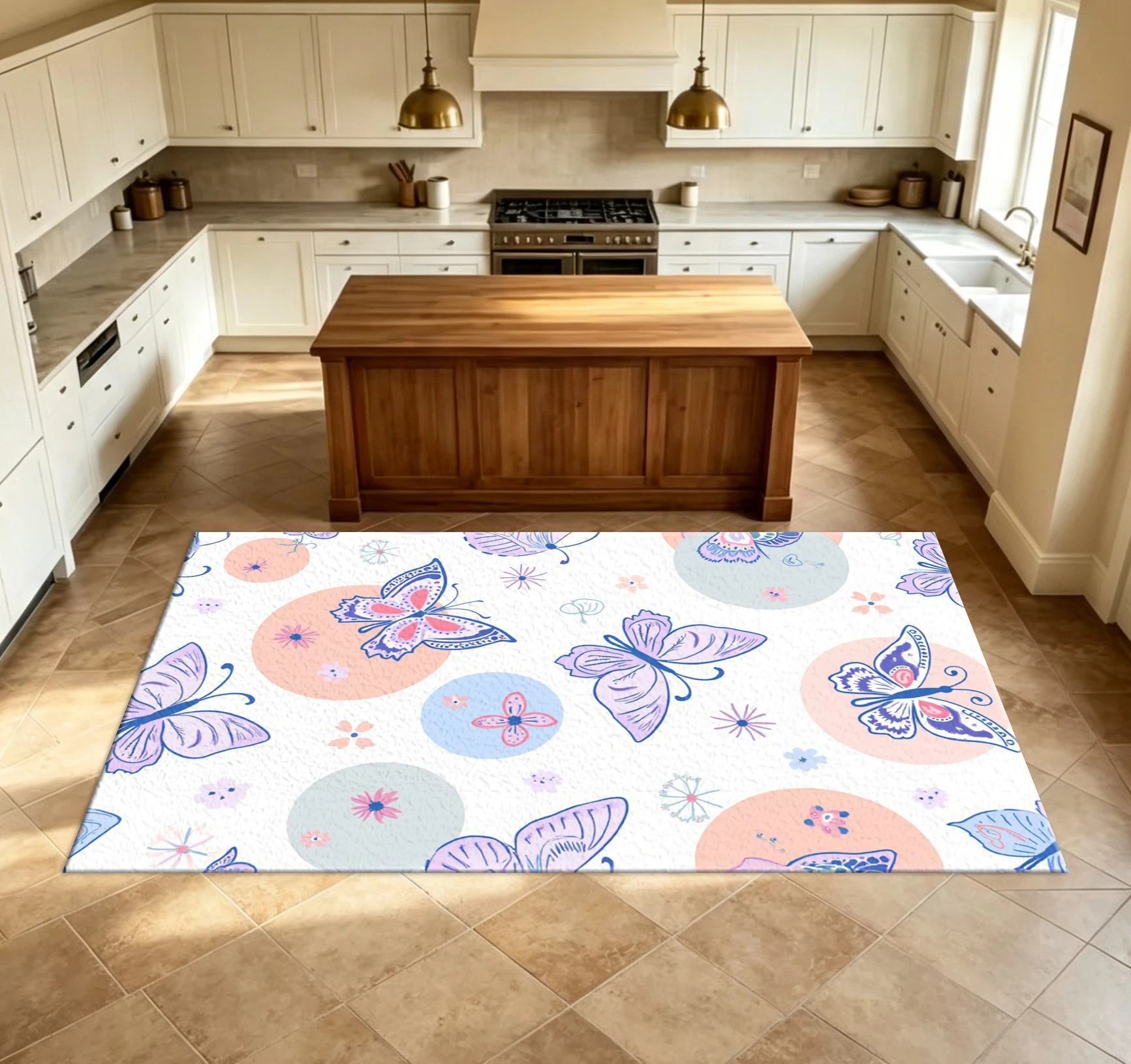 Cute Pastel Color Butterfly Floral Carpet Floor Mat Soft Color Hand-Painted Insect Flower Pattern Floor Mat for Girls Bedroom Decor