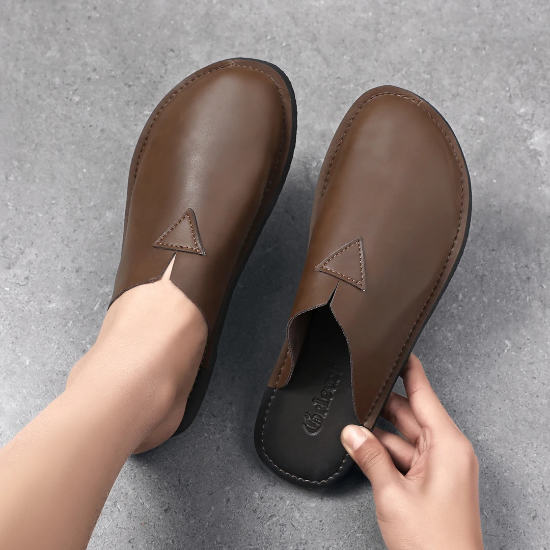 White Leather Half Shoes for Men Mules Semi-Drag Loafers Slippers Open-back Casual Shoes Slides Sandal Backless Slip On Flats