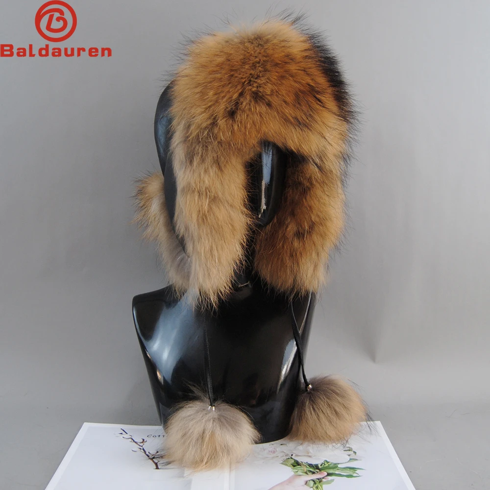 Women Natural Raccoon Fur Caps Ushanka Hats for Winter Thick Warm Ears Fashion Bomber Pom Pom Hat Lady Real Fox Fur Cap Pompon