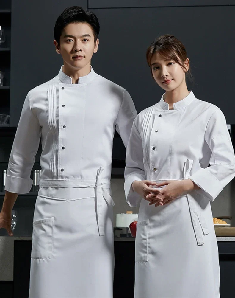 シェフ制服長袖セットレストランホテルキッチン作業服男性と女性の通気性の薄いジャケット + エプロン 2 点セット