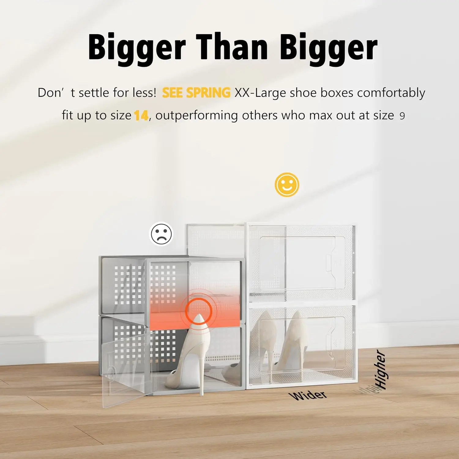 Large Shoe Storage Box Fit Size 14, Clear Plastic Stackable Shoe Organizer for Closet, Shoe Rack Sneaker Containers Bins Holders