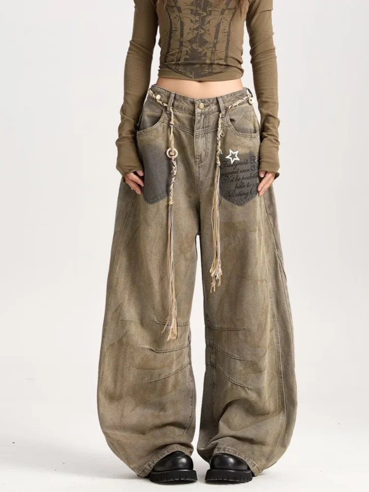 2025 American Retro Y2K Style Distressed Khaki Baggy Pleated Women's Jeans Pants Woman Clothing Wide Leg Cotton Long Trousers