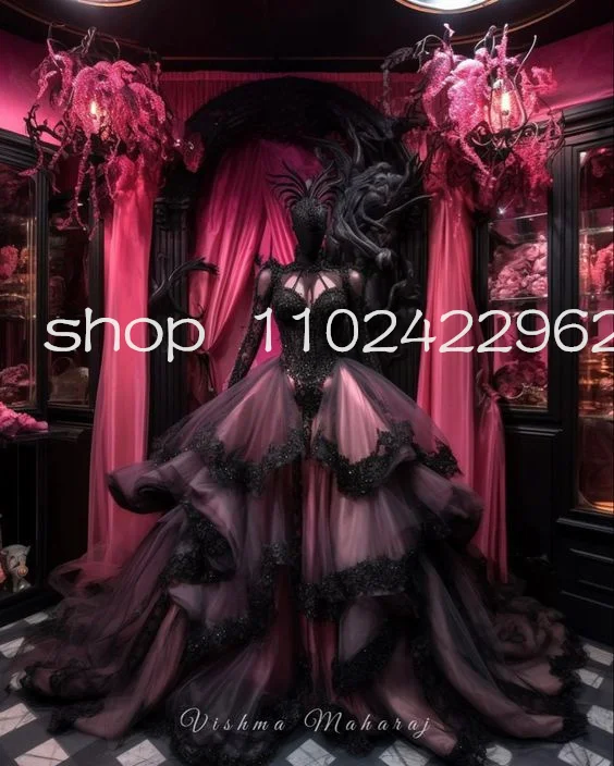 CustomizedBlack Pink Gothic Victorian prom dresses Puffy Long Sleeve Bustle corset fairy evening gown applique halloween costume