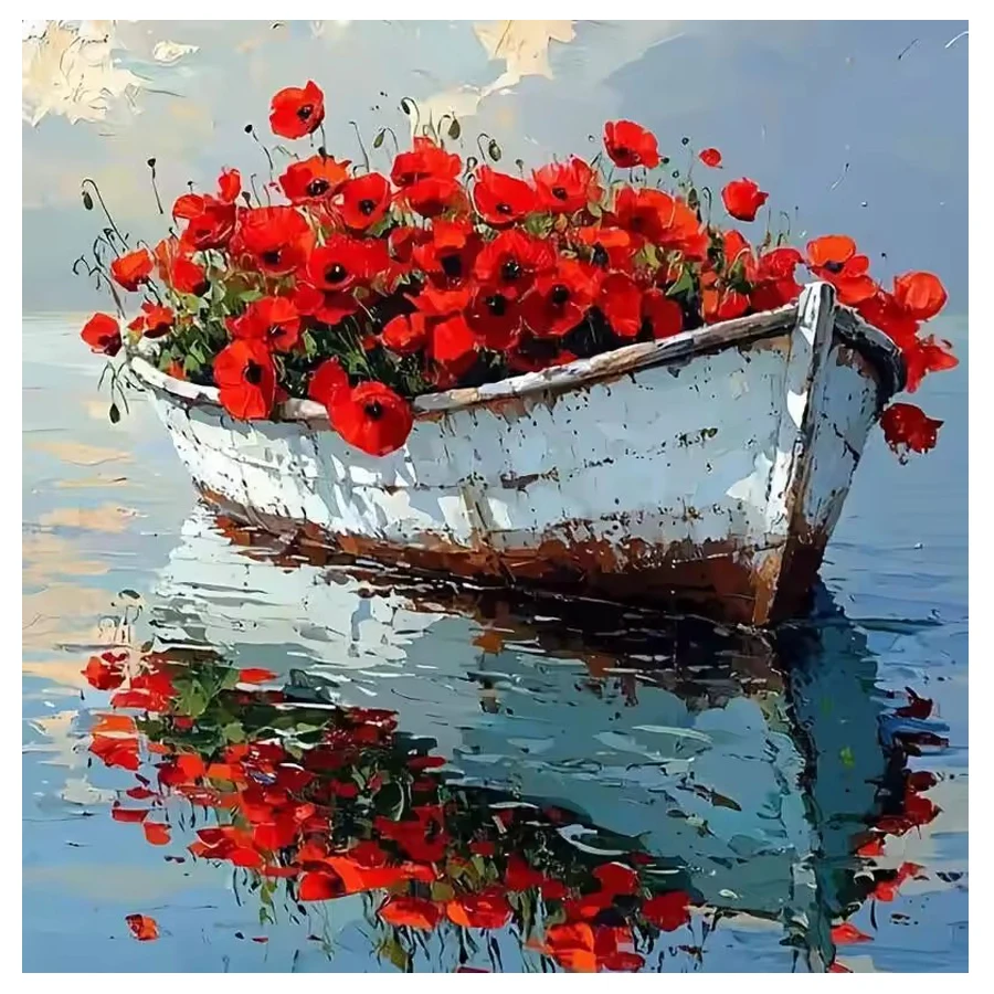 

DIY Ship Diamond Painting Flower Diamond Mosaic Old boat and red poppy New Collection diamond embroidery Decorative Paintings